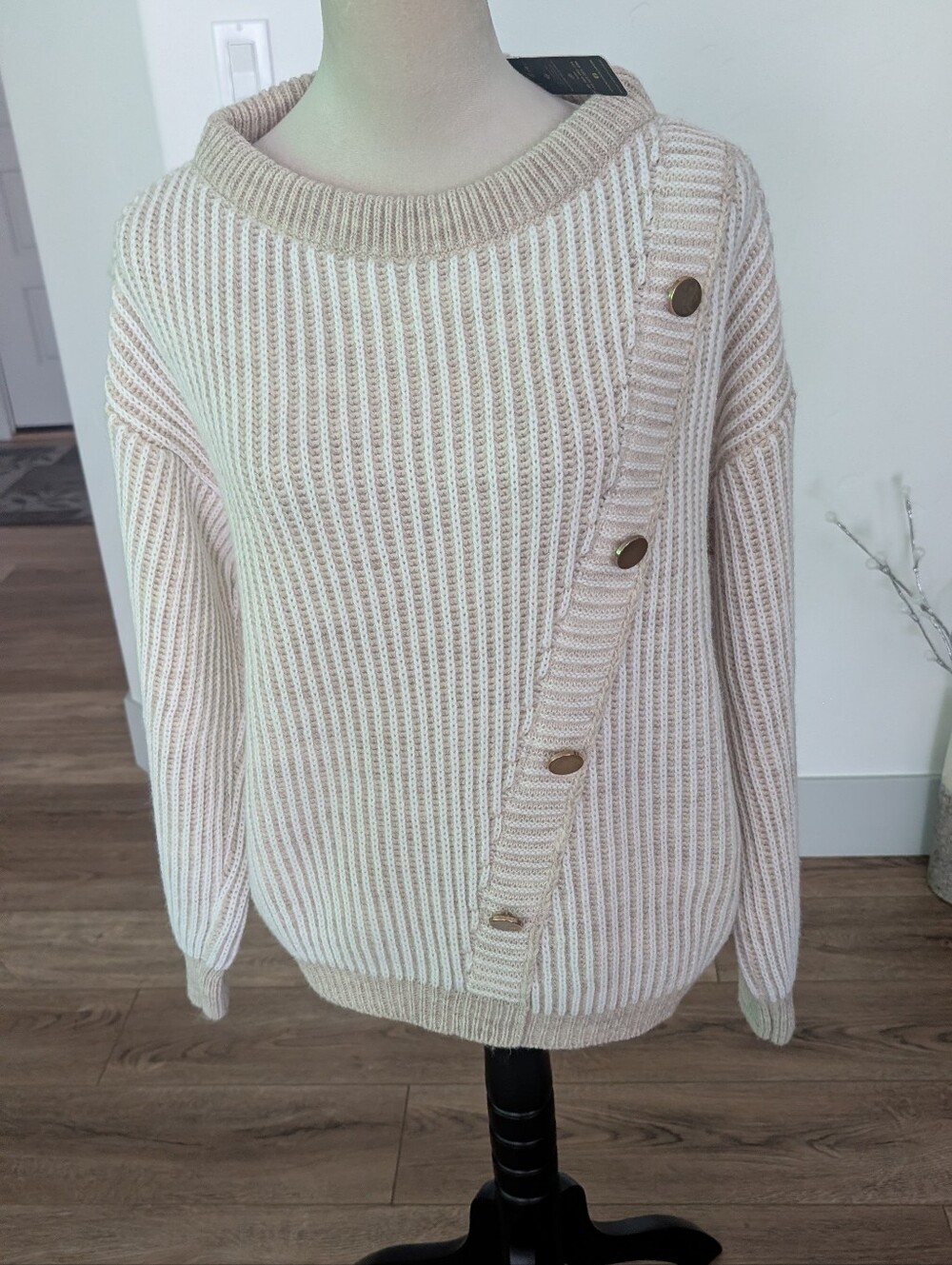 Women's Cream Ribbed Crewneck Sweater with Button Trim